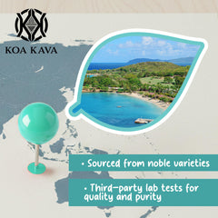 Koa Kava COA label with third-party quality details.