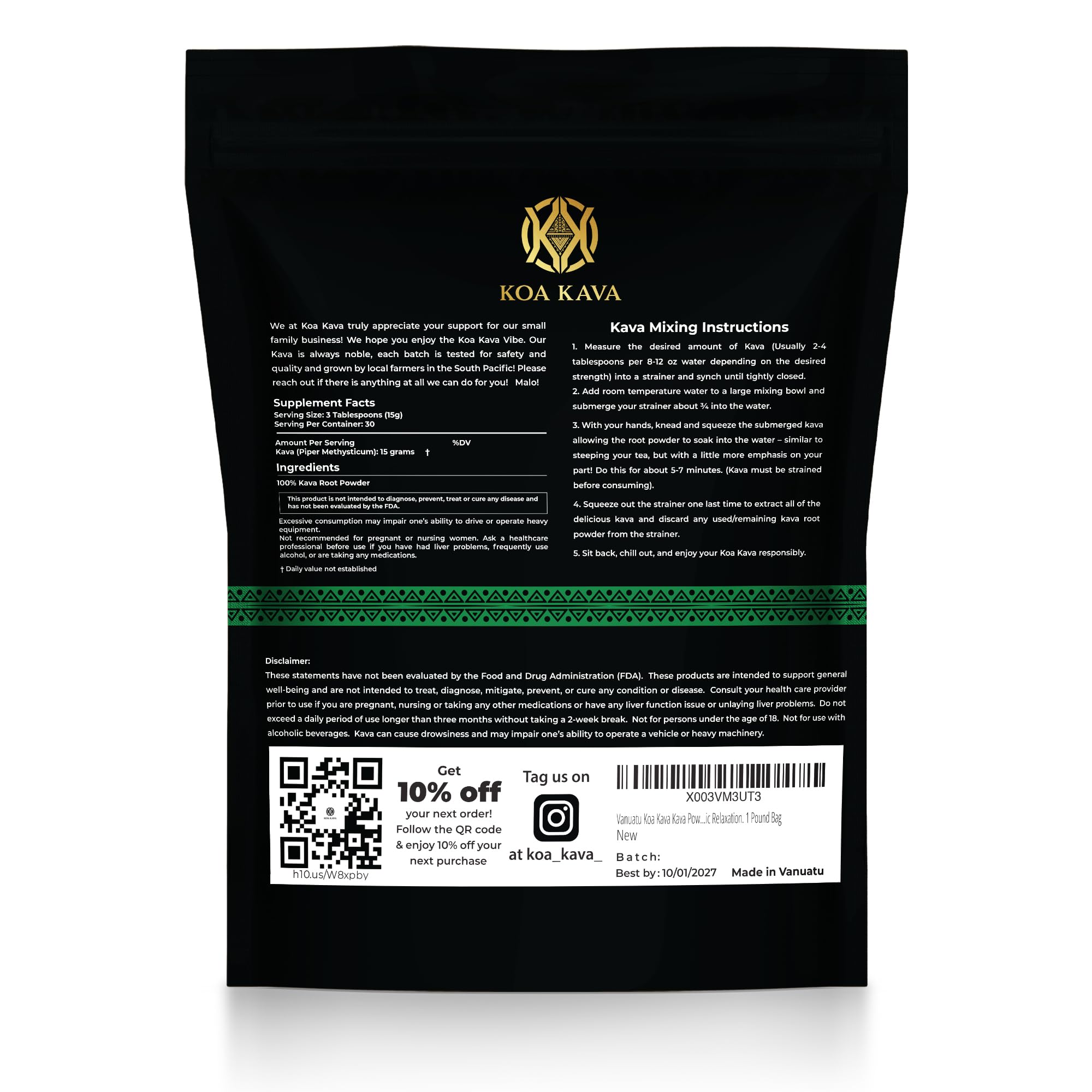Koa Kava natural no additives image conveys pure, clean kava experience.