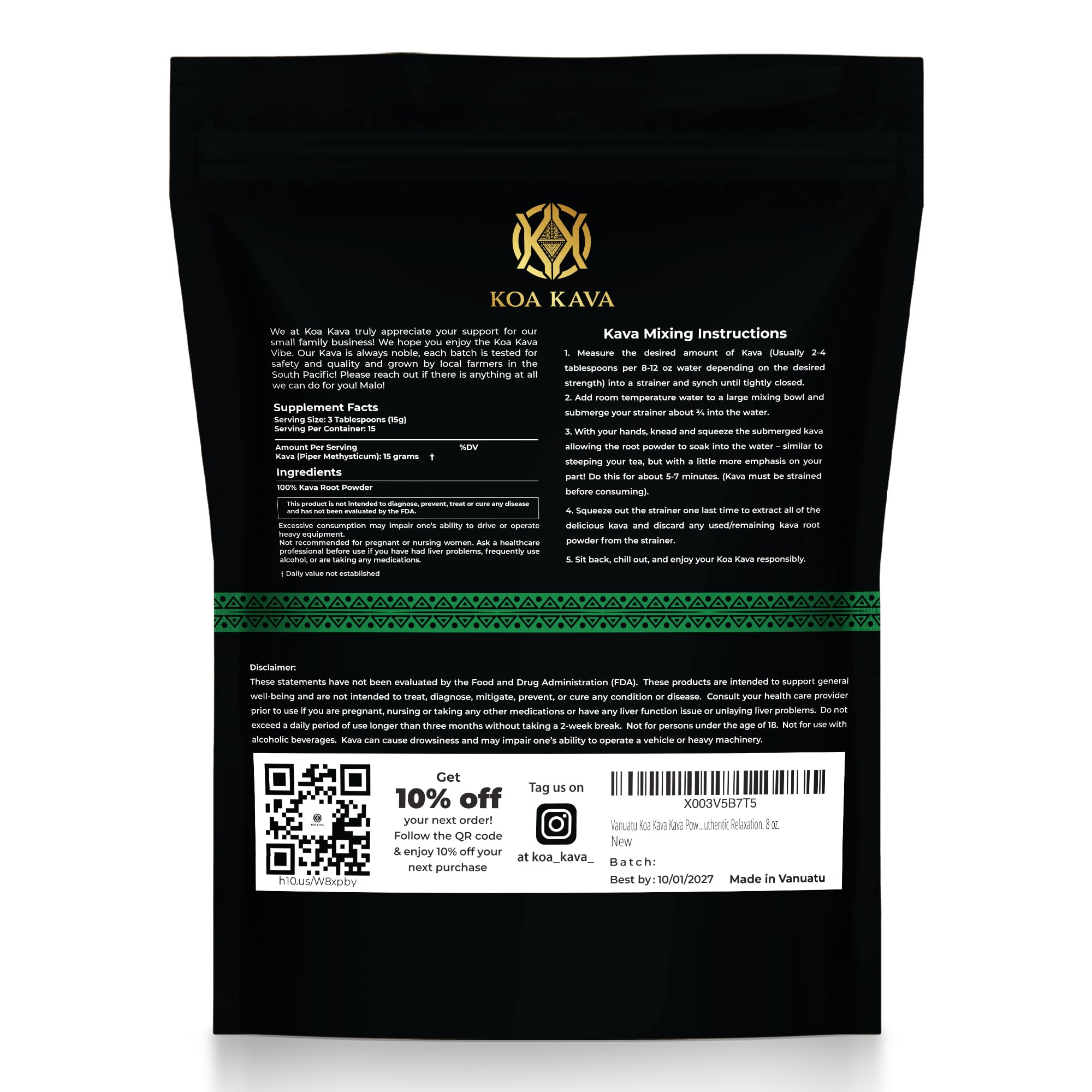 Koa Kava packaging emphasizes premium product and pure ingredients.