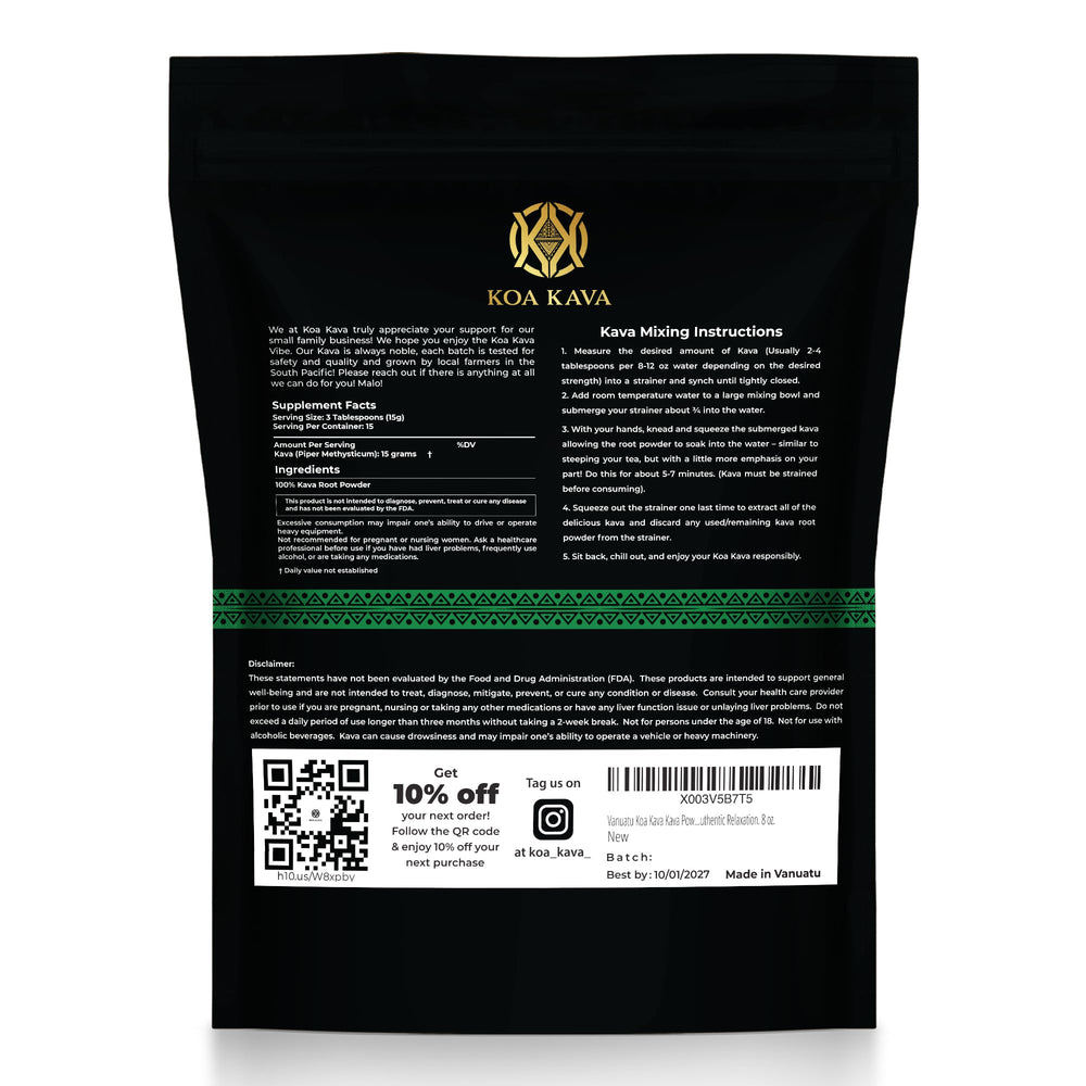 Koa Kava packaging emphasizes premium product and pure ingredients.