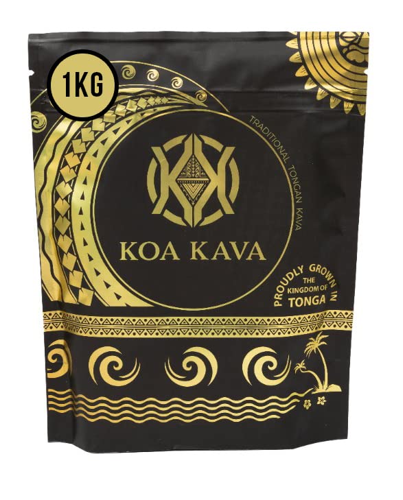 Koa Kava powder tea packaging showing a 1 kg tub for island relaxation.