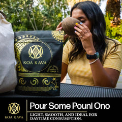 Koa Kava powder tea being poured into a cup for a calm moment.