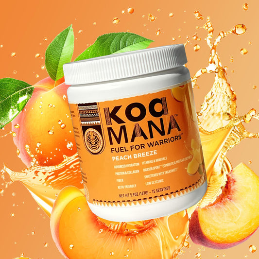 KOA MANA Peach Breeze ready to mix for quick hydration during workouts.