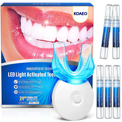 KOAEO teeth whitening kit front view with LED light for at-home whitening.
