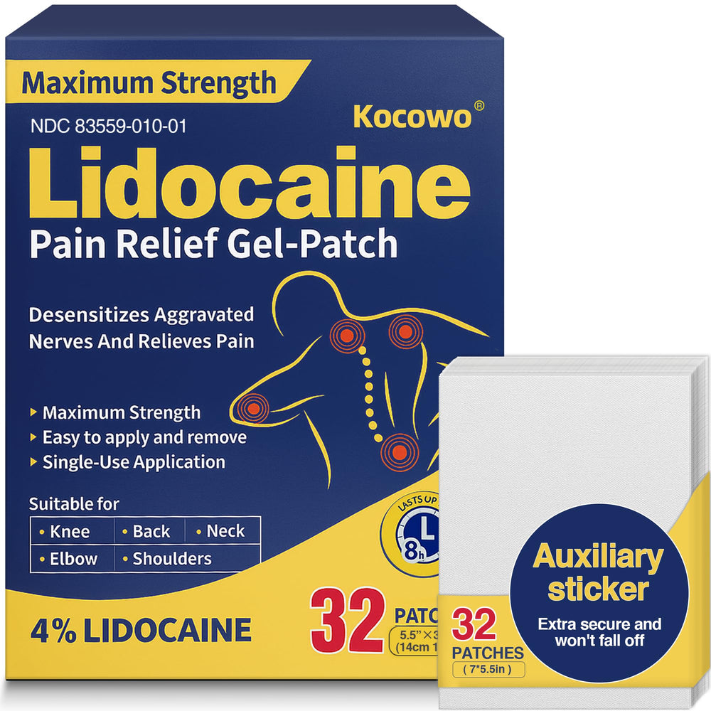 Kocowo lidocaine patch 32-count box, convenient for travel and steady pain relief on contact.