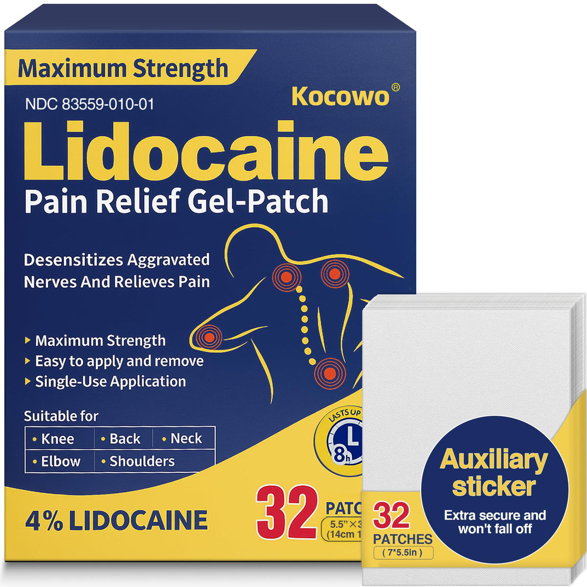 Kocowo lidocaine patch 32-count box, convenient for travel and steady pain relief on contact.