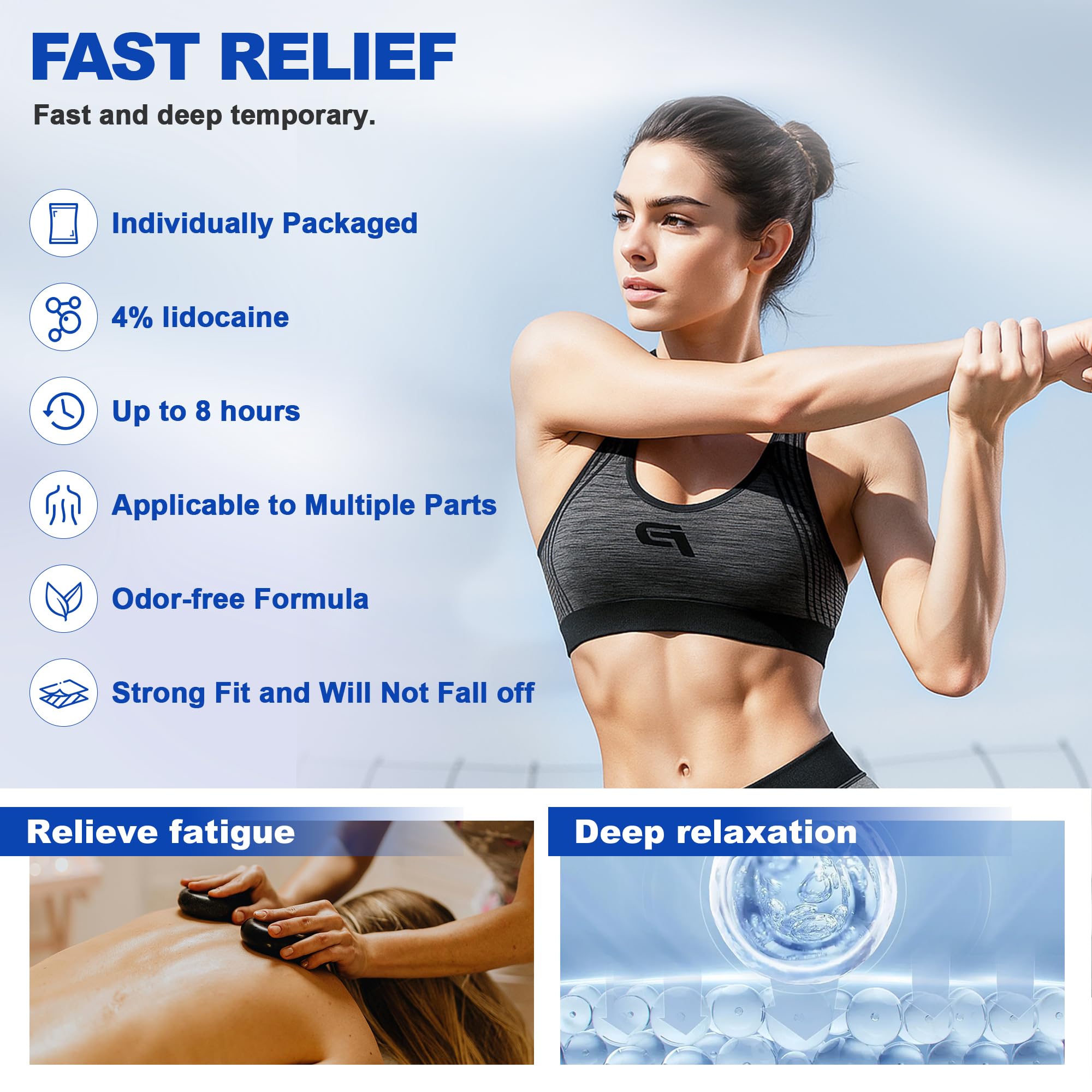 Kocowo lidocaine patch on skin back area targets sore muscles for quick relief.