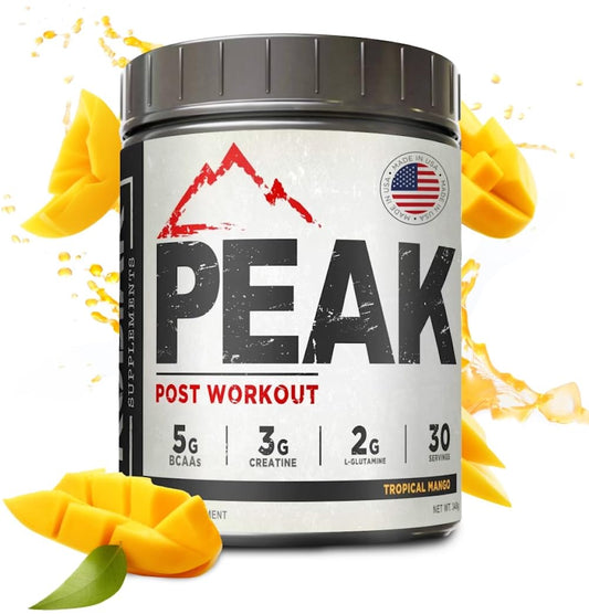 Kodiak Peak Post Workout bottle front showing tropical mango flavor for post-workout refreshment