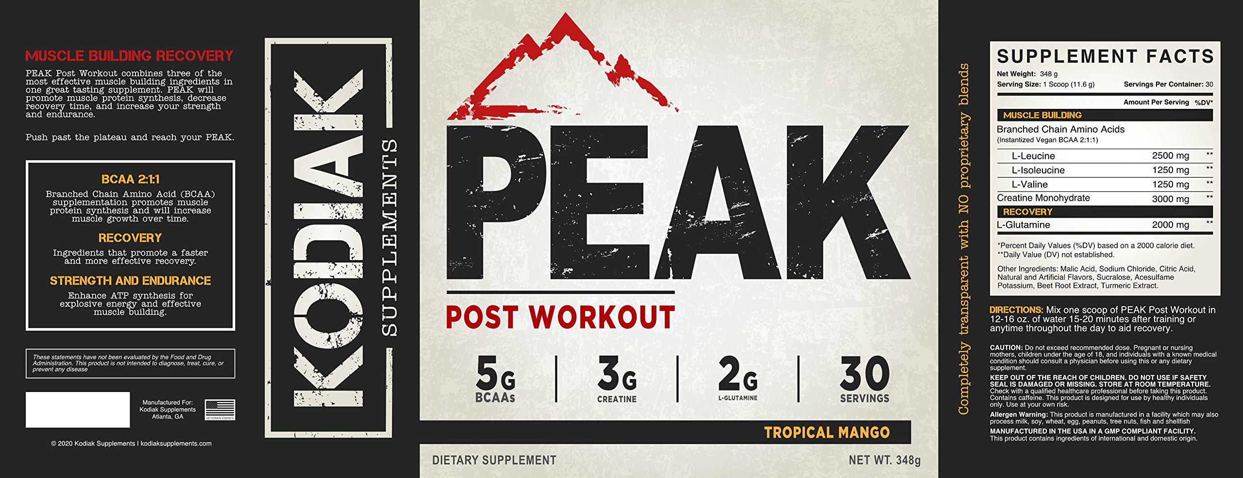 Kodiak Peak Post Workout label closeup confirms transparent ingredient list