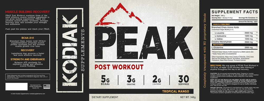 Kodiak Peak Post Workout label closeup confirms transparent ingredient list