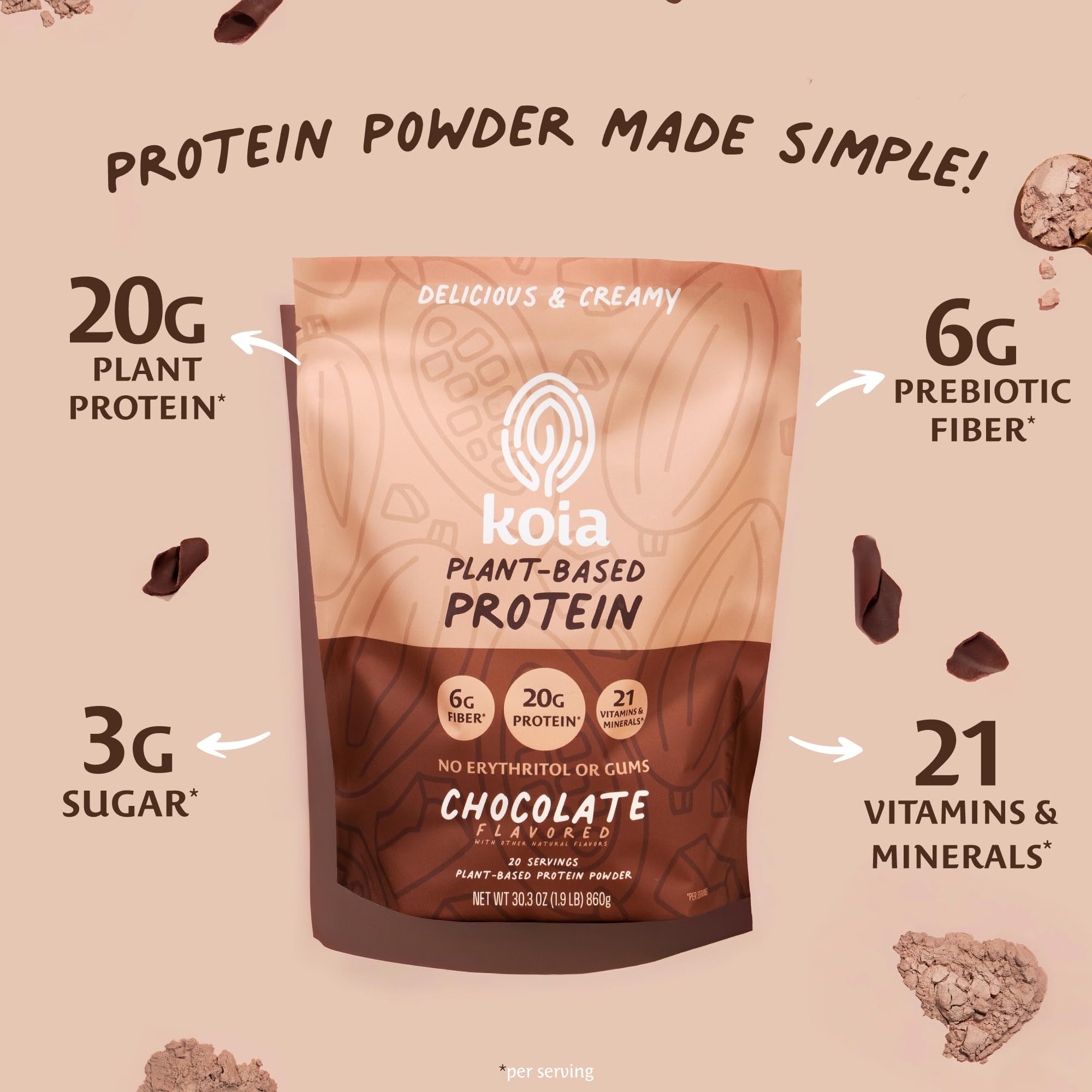 Koia chocolate protein powder scoop image, convenient serving for quick pre- or post-workout fuel.