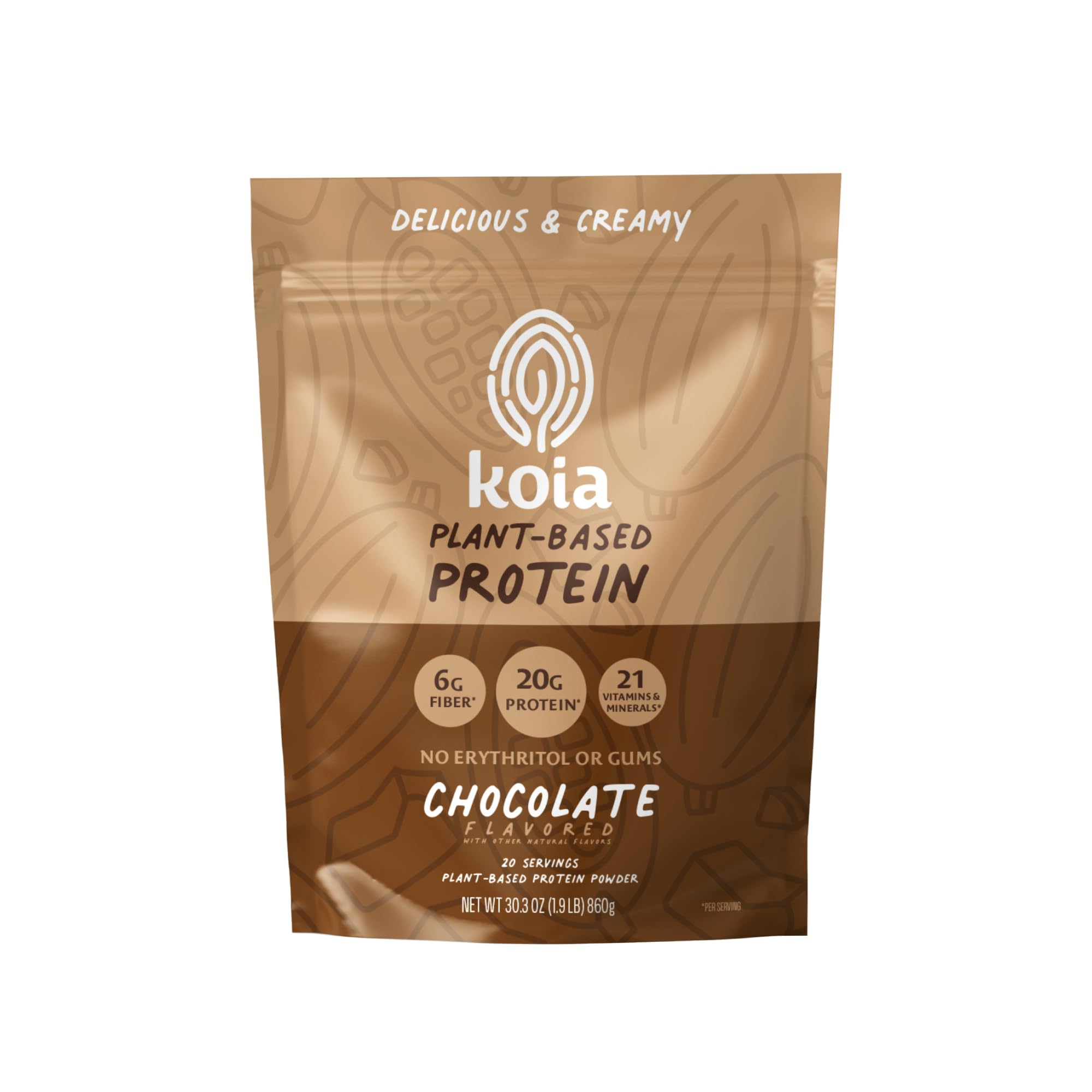 Koia chocolate protein powder tub, rich flavor for daily protein and muscle recovery support.