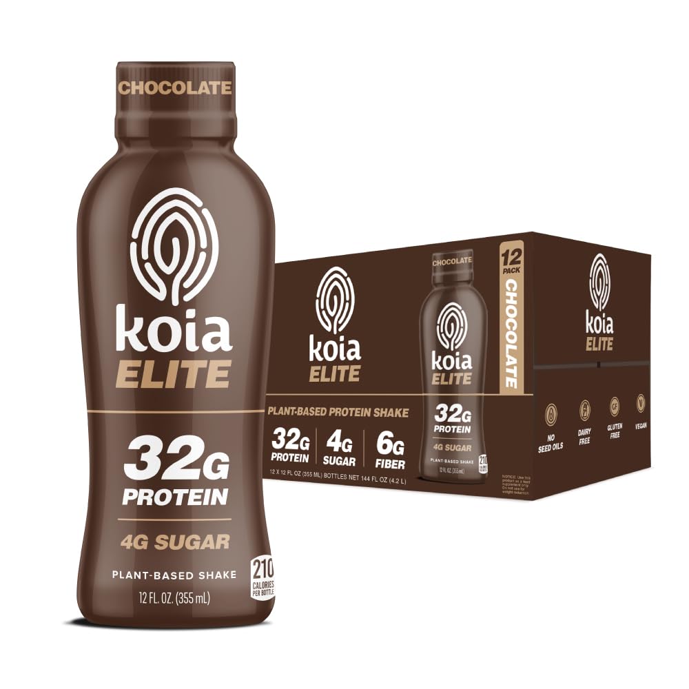 Koia Elite Chocolate bottle front view, showcasing 32g protein per serving for workouts.