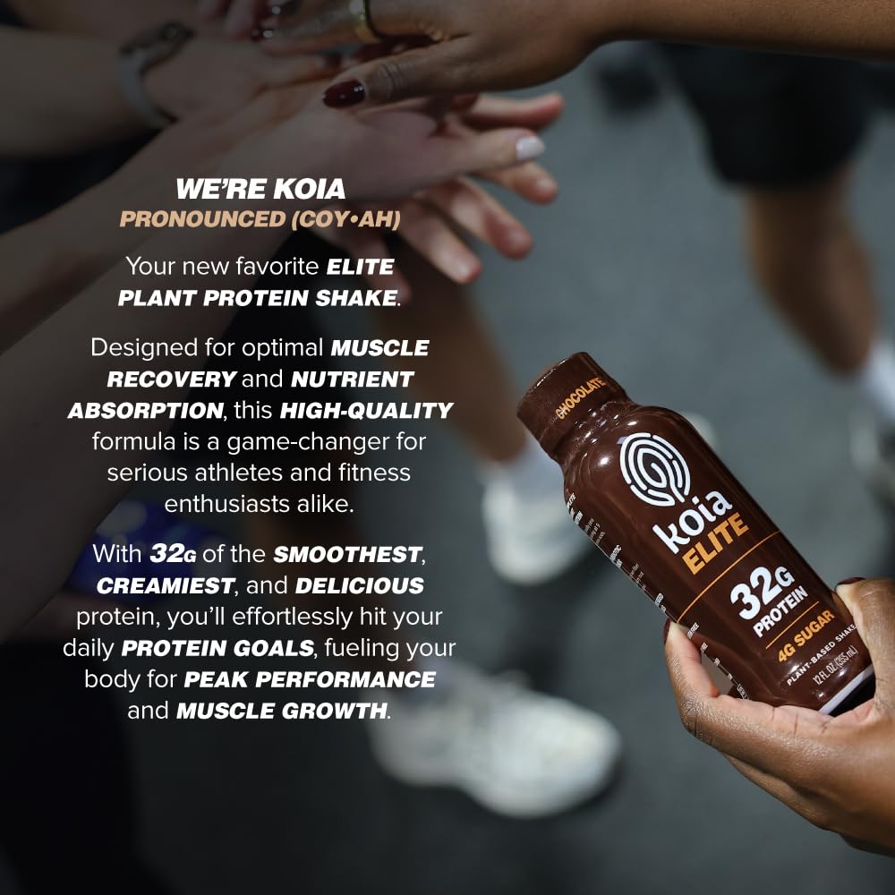Koia Elite chocolate bottle on kitchen counter, easy meal replacement option.