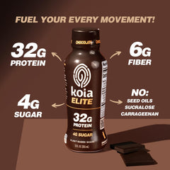 Koia Elite Chocolate label closeup, dairy-free and gluten-free claims visible.