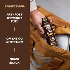 Koia Elite chocolate being poured into a glass, pre and post workout fuel.