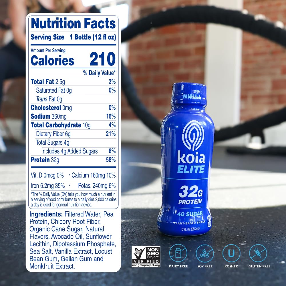 Koia Elite Vanilla bottle back highlights dairy-free and gluten-free benefits