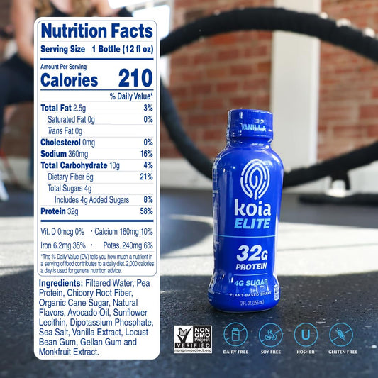Koia Elite Vanilla bottle back highlights dairy-free and gluten-free benefits