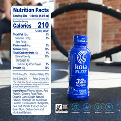 Koia Elite Vanilla bottle back highlights dairy-free and gluten-free benefits