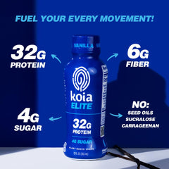 Koia Elite Vanilla nutrition panel showing 32g protein per bottle