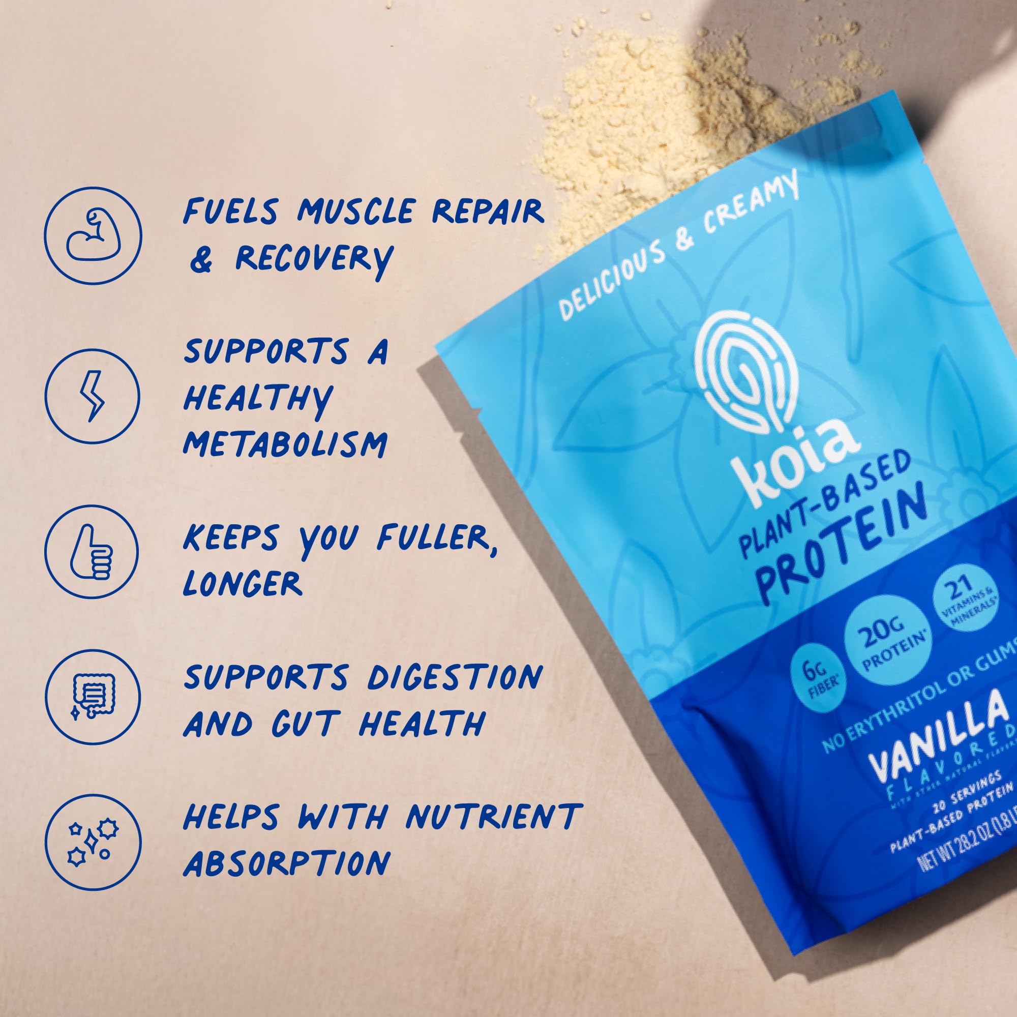 Koia vanilla protein powder in a blender for a smoothie