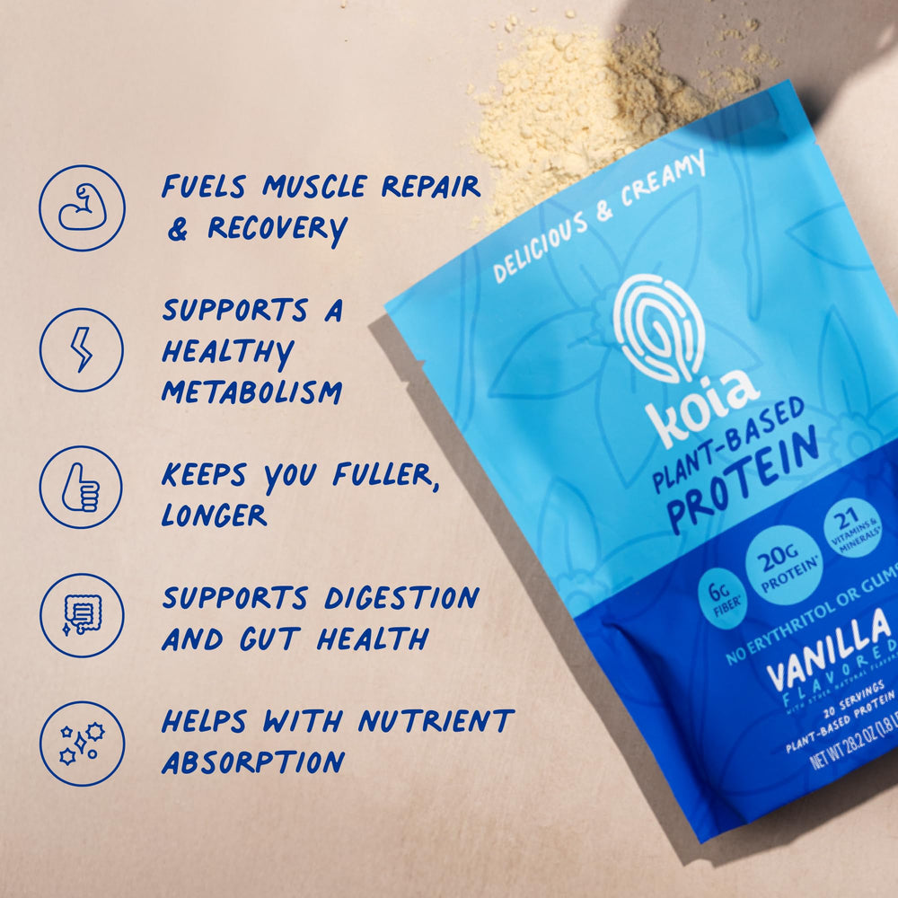 Koia vanilla protein powder in a blender for a smoothie