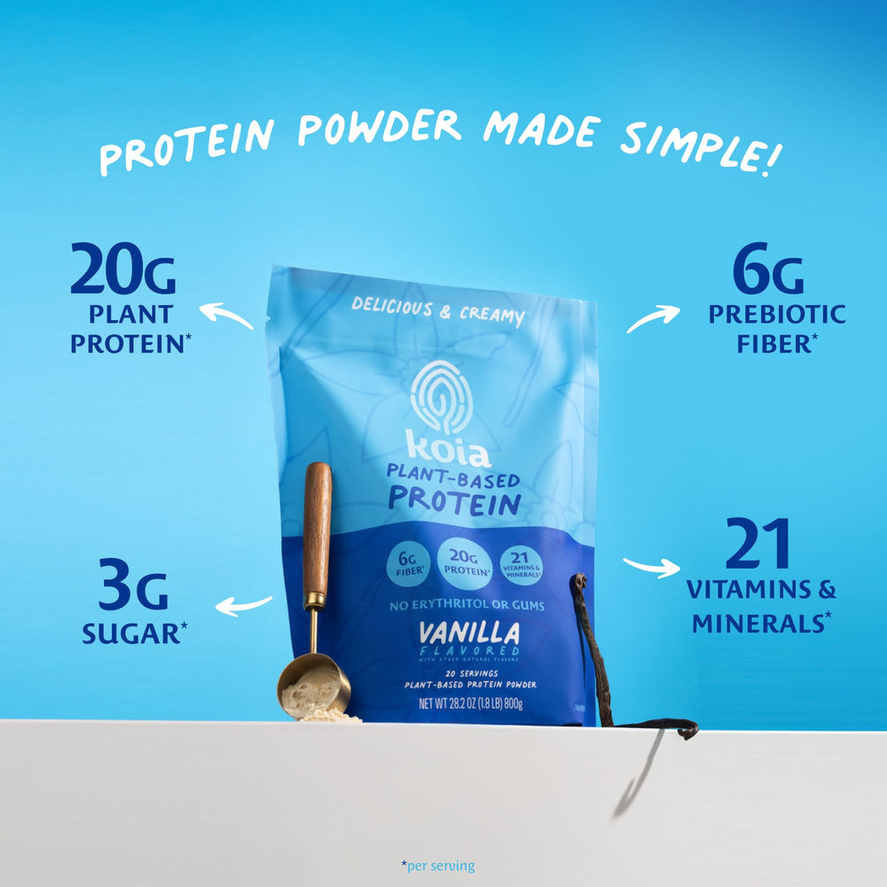 Koia vanilla protein powder jar close-up with clean label for trust