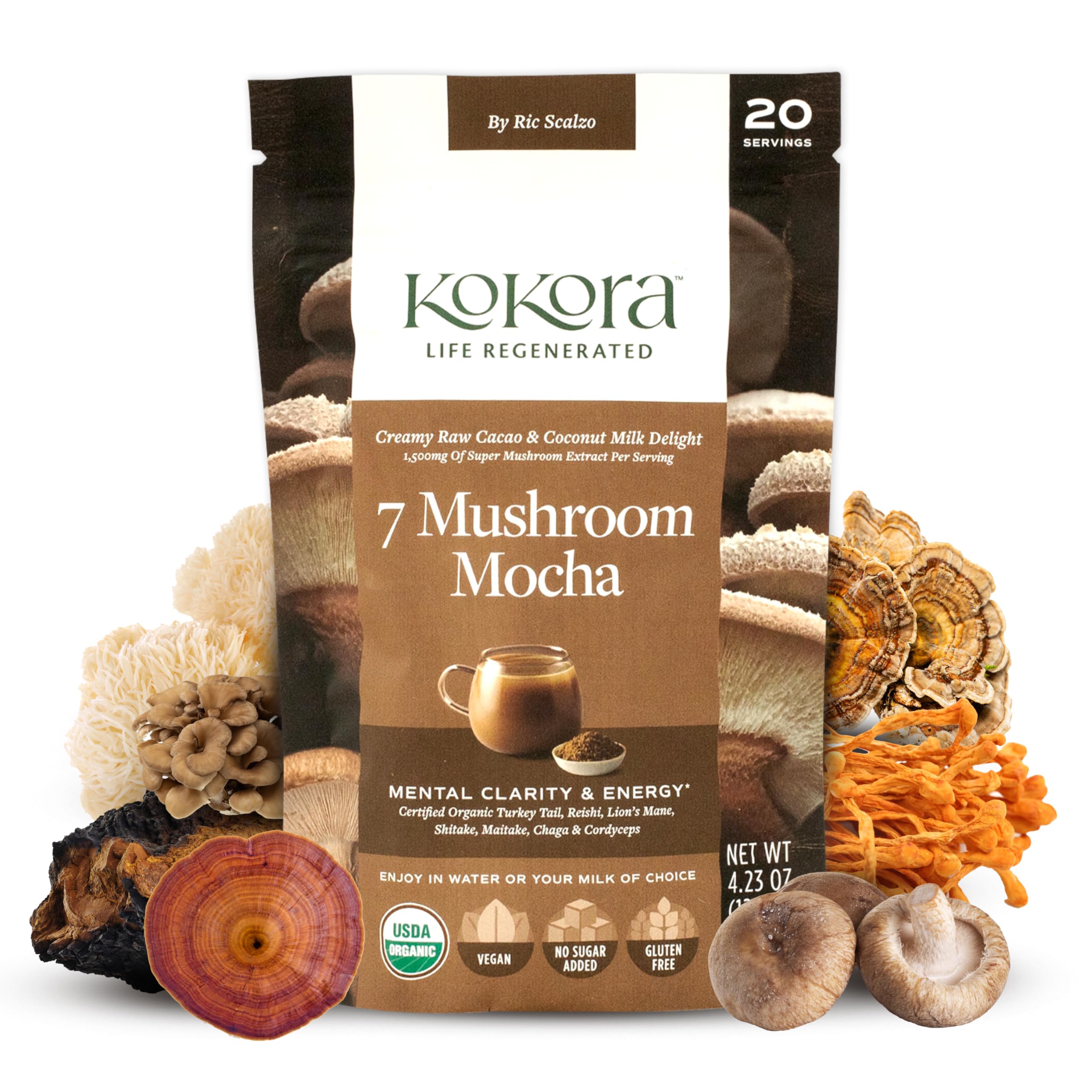 Kokora 7 Mushroom Mocha front label highlights steady energy potential.