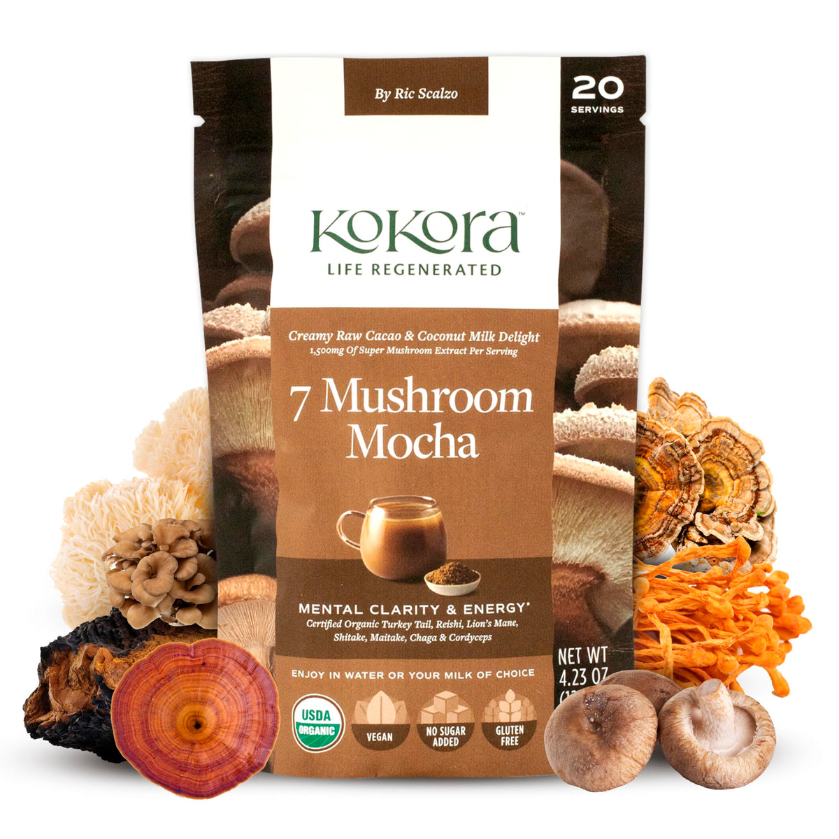 Kokora 7 Mushroom Mocha front label highlights steady energy potential.