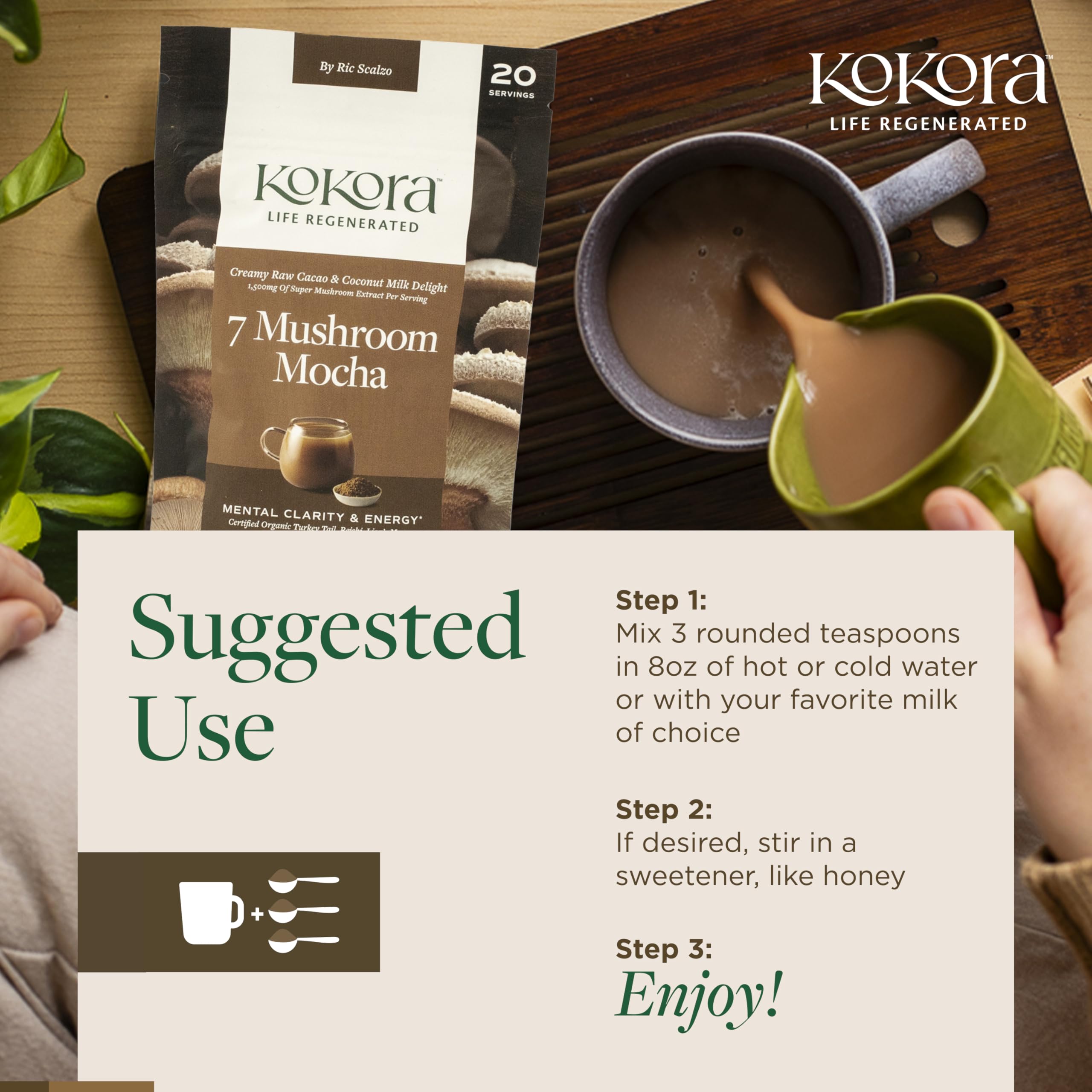 Kokora 7 Mushroom Mocha powder jar ready for quick creamy drinks.