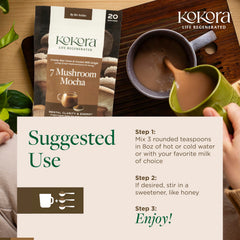 Kokora 7 Mushroom Mocha powder jar ready for quick creamy drinks.