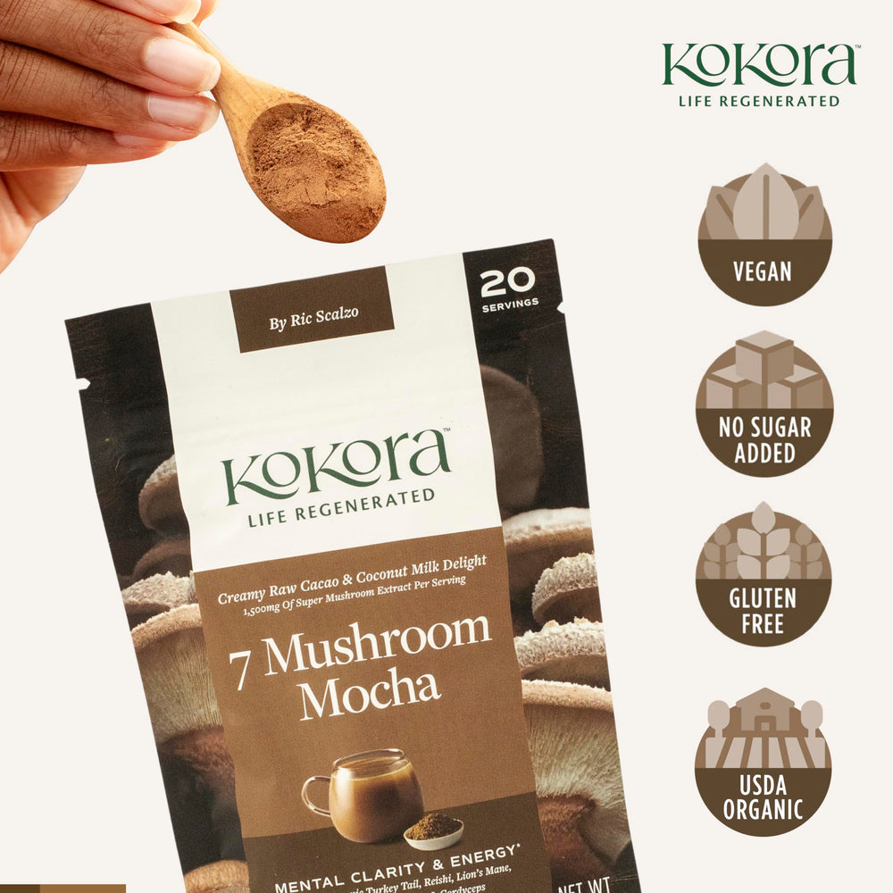 Kokora 7 Mushroom Mocha stirring cup showcases easy mixability.