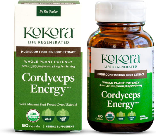 Kokora Cordyceps Energy bottle showing the vegan adaptogenic formula for daily vitality.