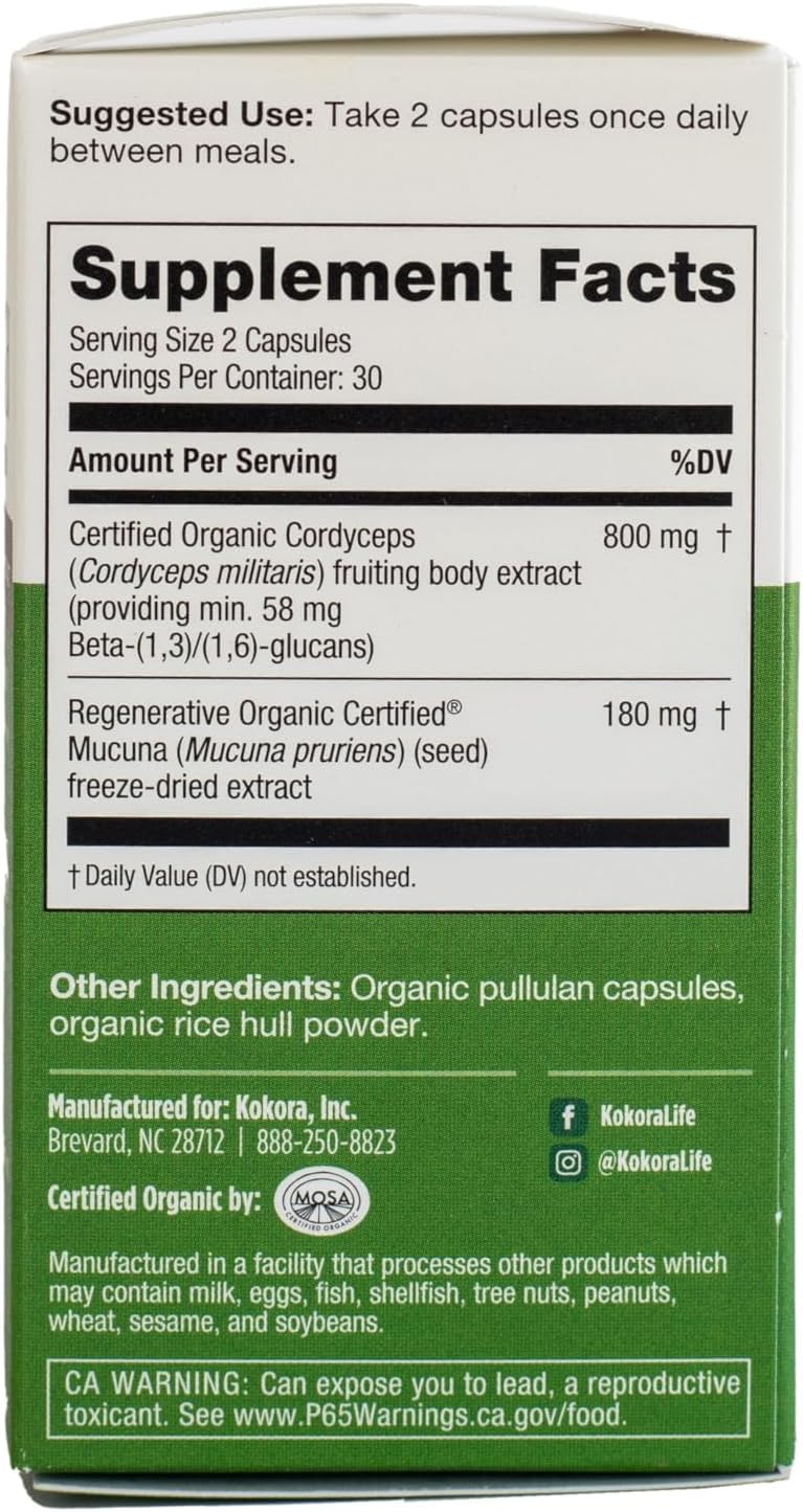 Kokora Cordyceps Energy ingredients panel showcasing Cordyceps and Mucuna synergy.