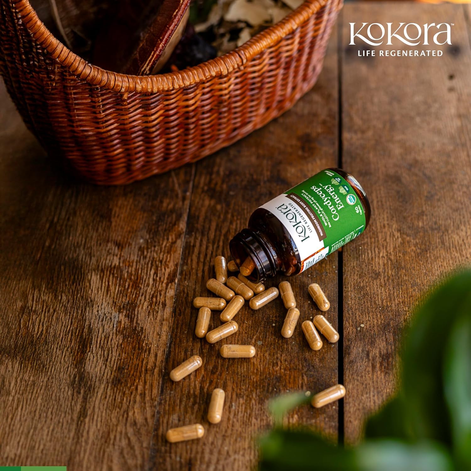 Kokora Cordyceps Energy label highlighting organic ingredients and beta-glucans.