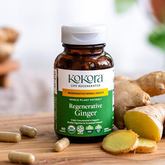 kokora Ginger bottle with water glass suggesting an easy daily routine.