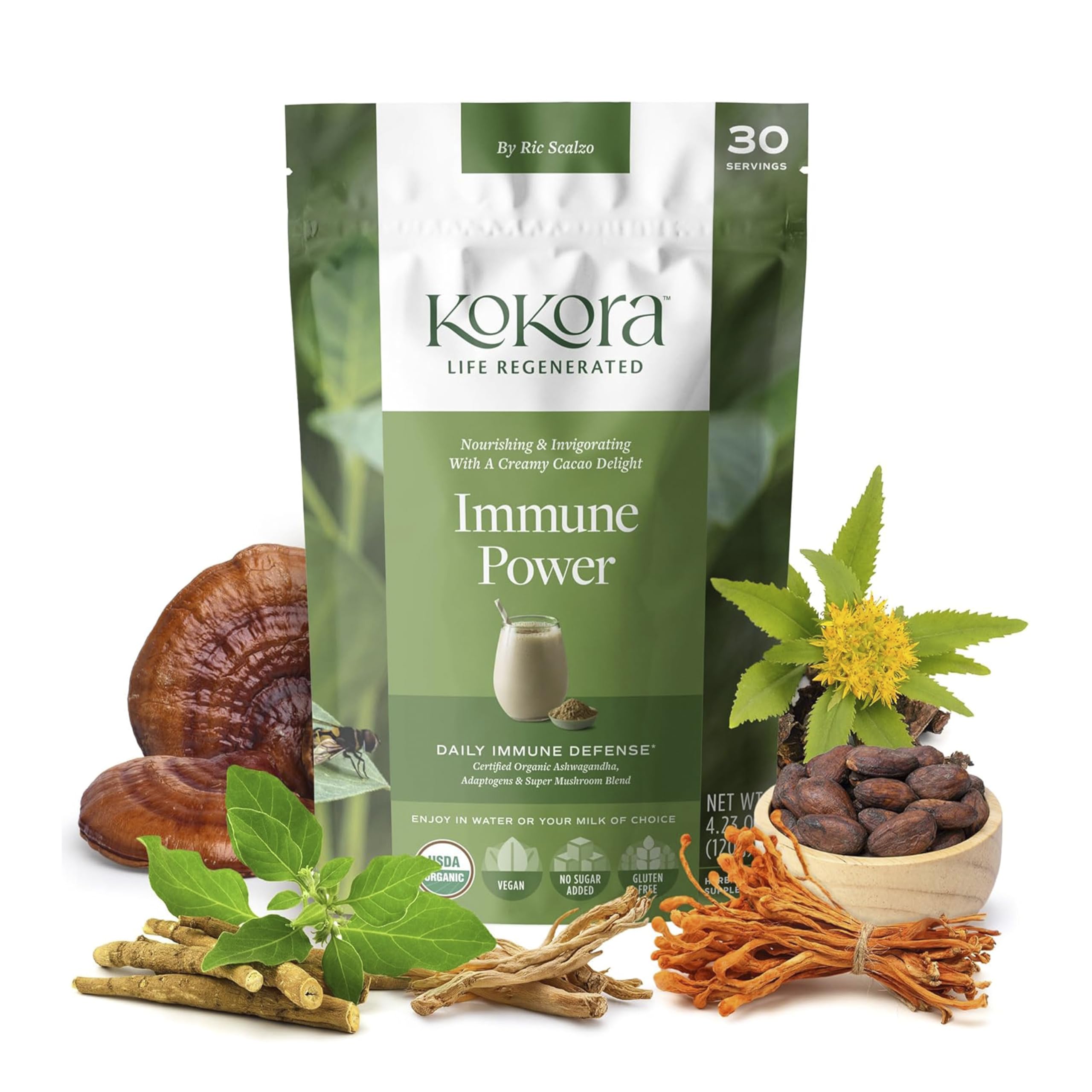 Kokora Immune Power bottle front showcases a clean, daily wellness routine.