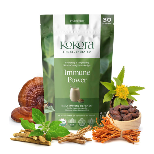 Kokora Immune Power bottle front showcases a clean, daily wellness routine.