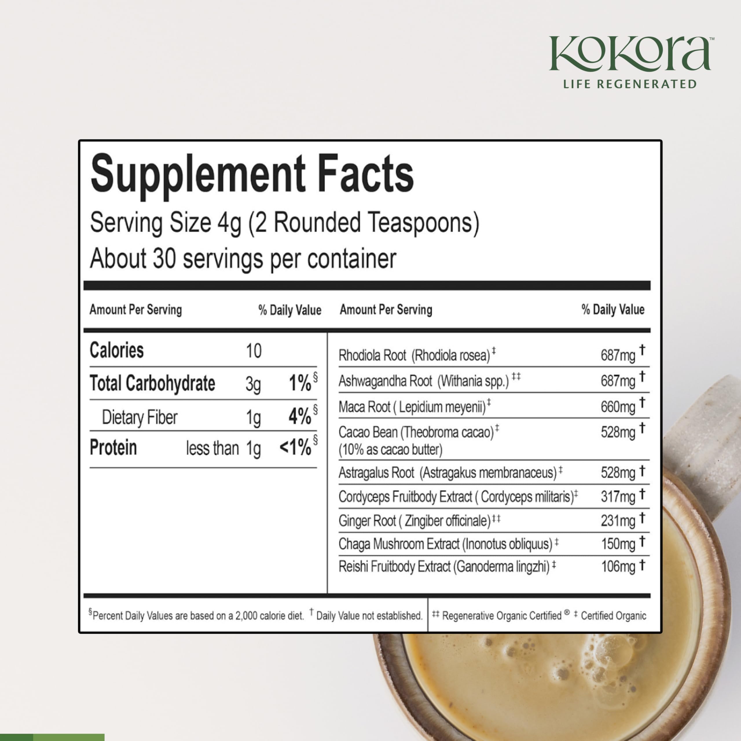 Kokora Immune Power creamy cacao close-up suggests a comforting daily ritual.