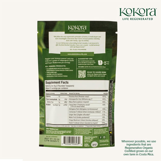 Kokora Immune Power ingredients spoon emphasizes the herbal blend for natural energy.