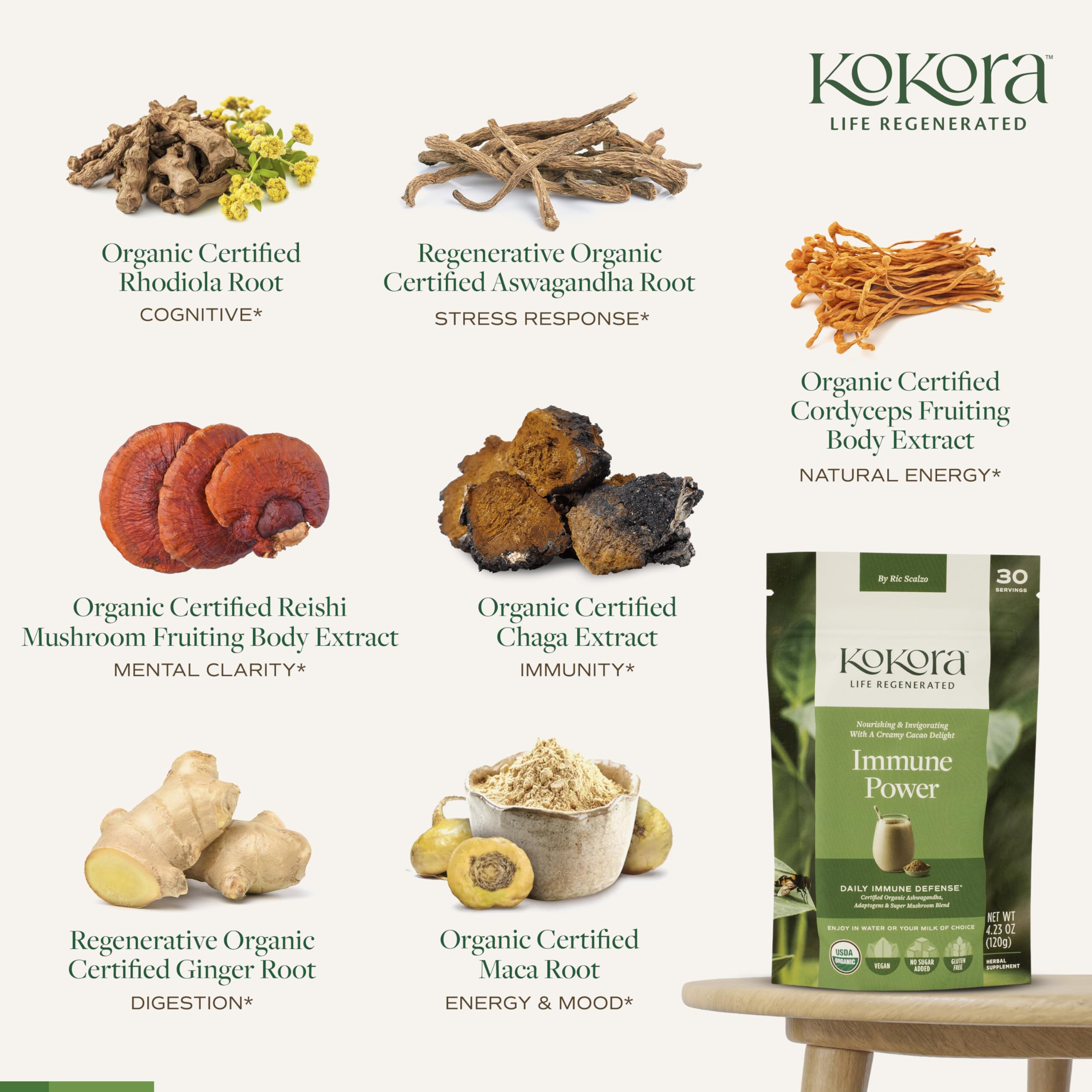 Kokora Immune Power organic certificates badge signals certified organic sourcing.