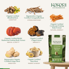 Kokora Immune Power organic certificates badge signals certified organic sourcing.