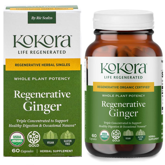 kokora Regenerative Ginger bottle on a clean surface, signaling convenient digestive support.