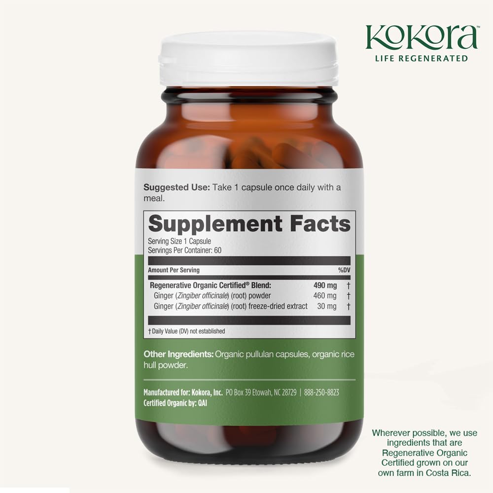 kokora Regenerative Ginger on shelf with product card and herbs.