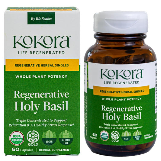 Kokora Regenerative Holy Basil bottle with calm focus in view