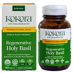 Kokora Regenerative Holy Basil bottle with calm focus in view