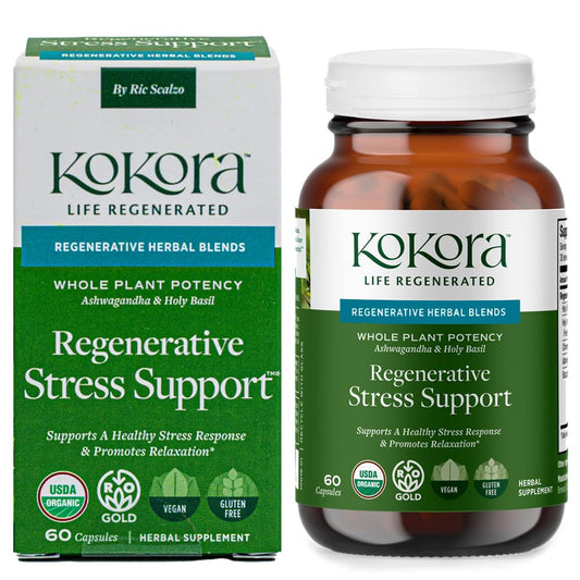 kokora Regenerative Stress bottle shows the calming herbal blend on display