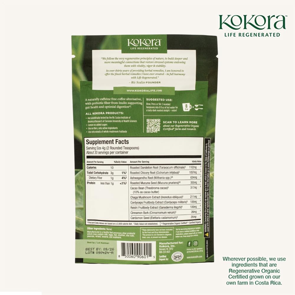 Kokora Lift ingredients blend with Ashwaganda and chicory for daily ritual use.