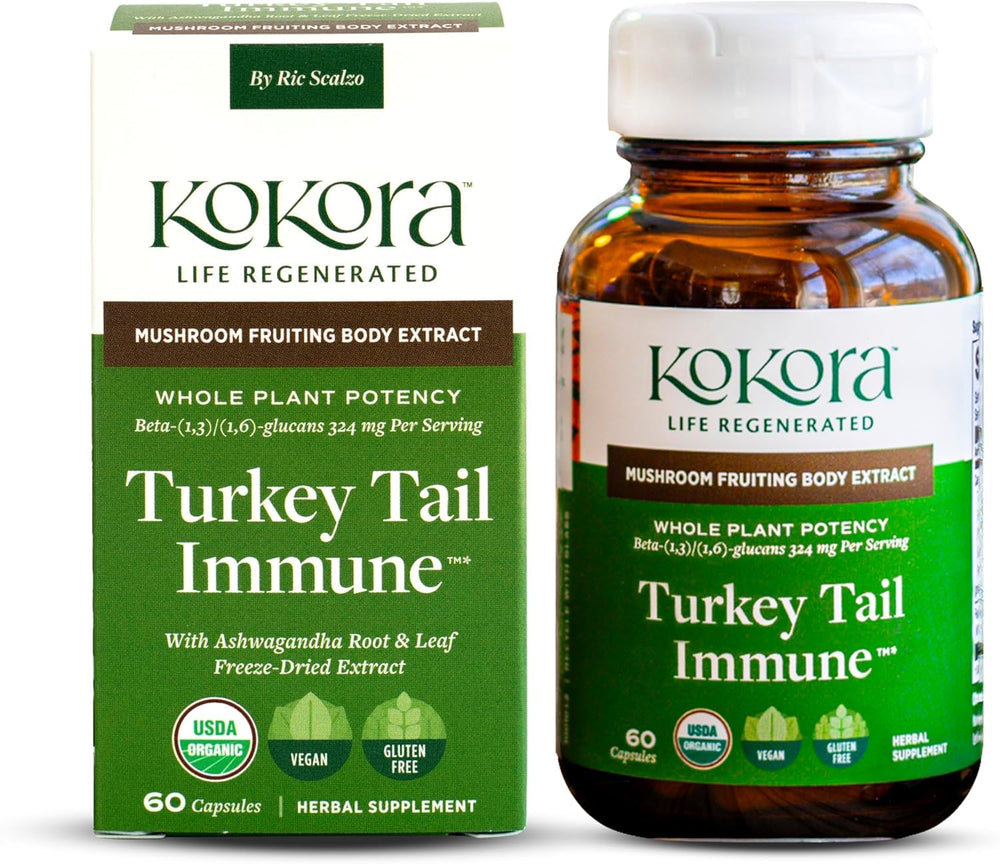 Kokora Turkey Tail Immune bottle with vegan capsules for daily immune support.
