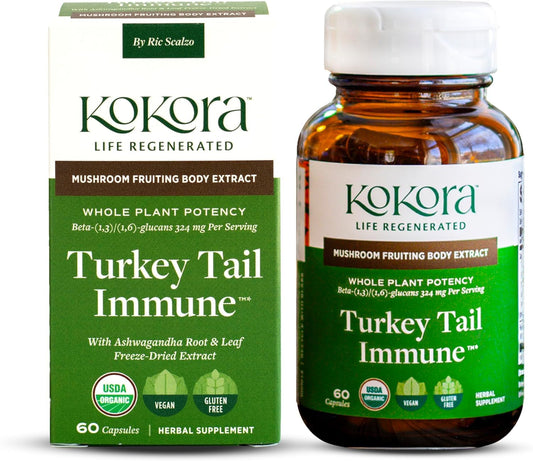 Kokora Turkey Tail Immune bottle with vegan capsules for daily immune support.